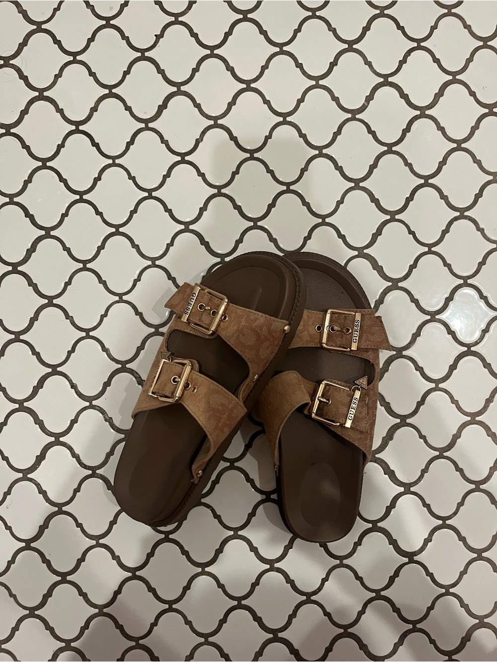 Guess Women's Brown Double-Buckle Slide Sandals with Gold Hardware